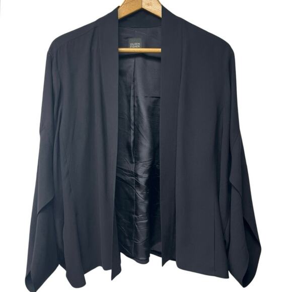 Eileen Fisher Silk Black Blazer Size Large Short Jacket Open Front Lined - Picture 1 of 6